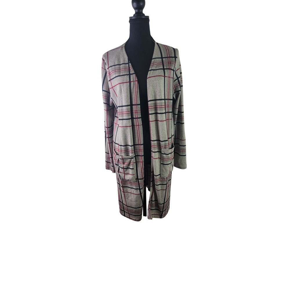 Lildy Women Open Front Cardigan Plaid Duster Jacket Grey Red Black Size L-XL